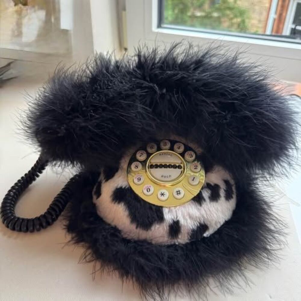 Land line 90’ Vintage Cow Print Feather Corded Telephone Rare Y2K Nickelodeon